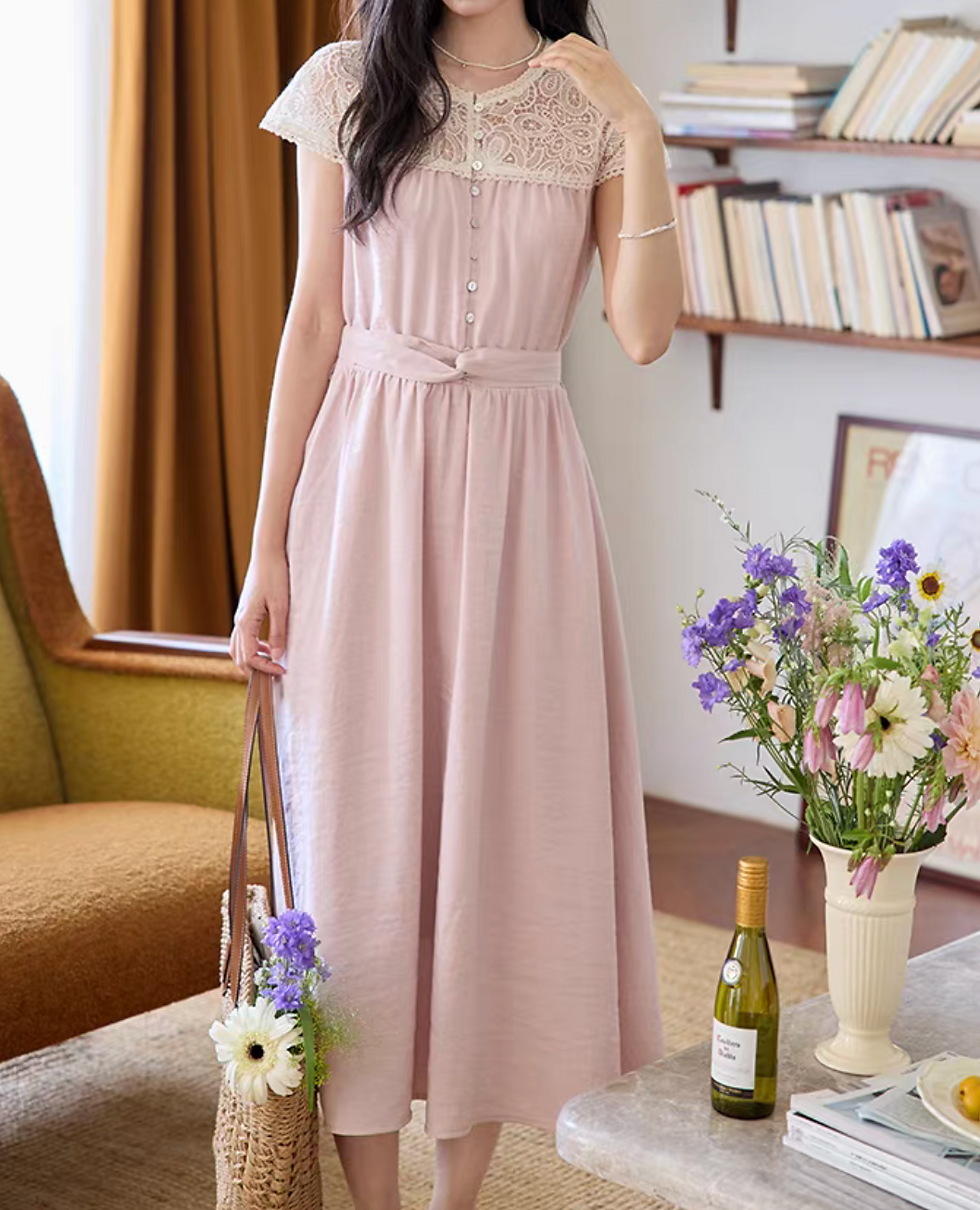 Thumbnail: Lace docking cotton poly pink midi dress