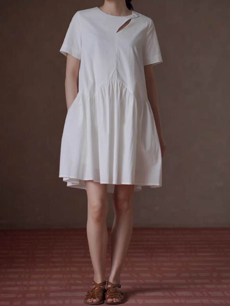 Crochet buttoned cotton white puff sleeves midi dress 8