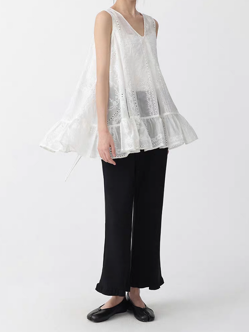 Lyocell crochet floral V neck ivory peplum back knot vest 9