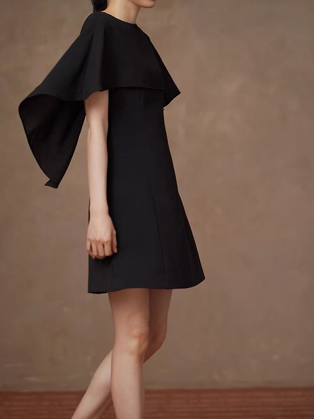 Fluid drape ruffle trim low back shawl connect black poly midi dress 2
