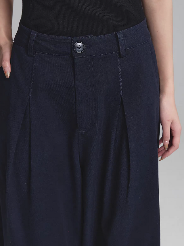 Navy stitched trim lyocell linen cotton pleated barrel relaxed cut pants 5