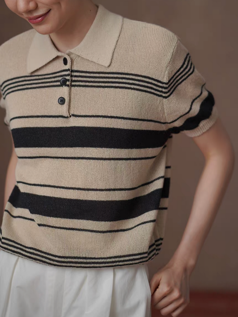 Beige striped poly rayon shortsleeved polo knitted top 4