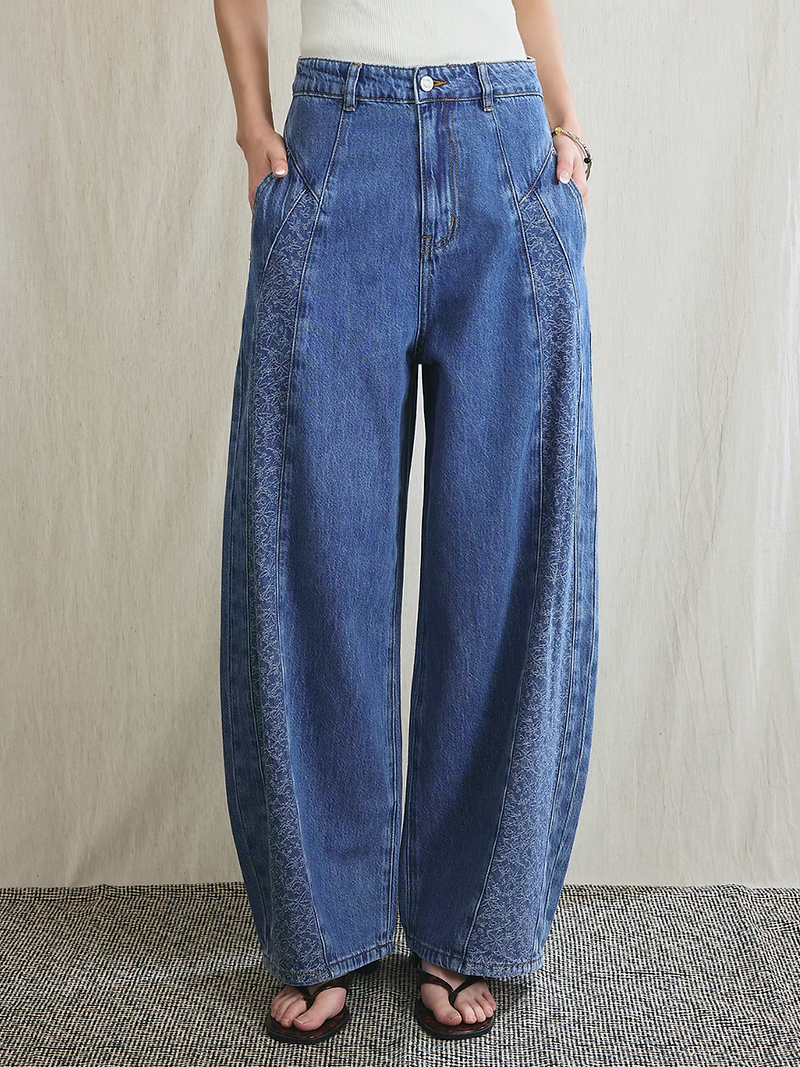 Side floral embroidered contour high rise acid washed retro blue pants 1