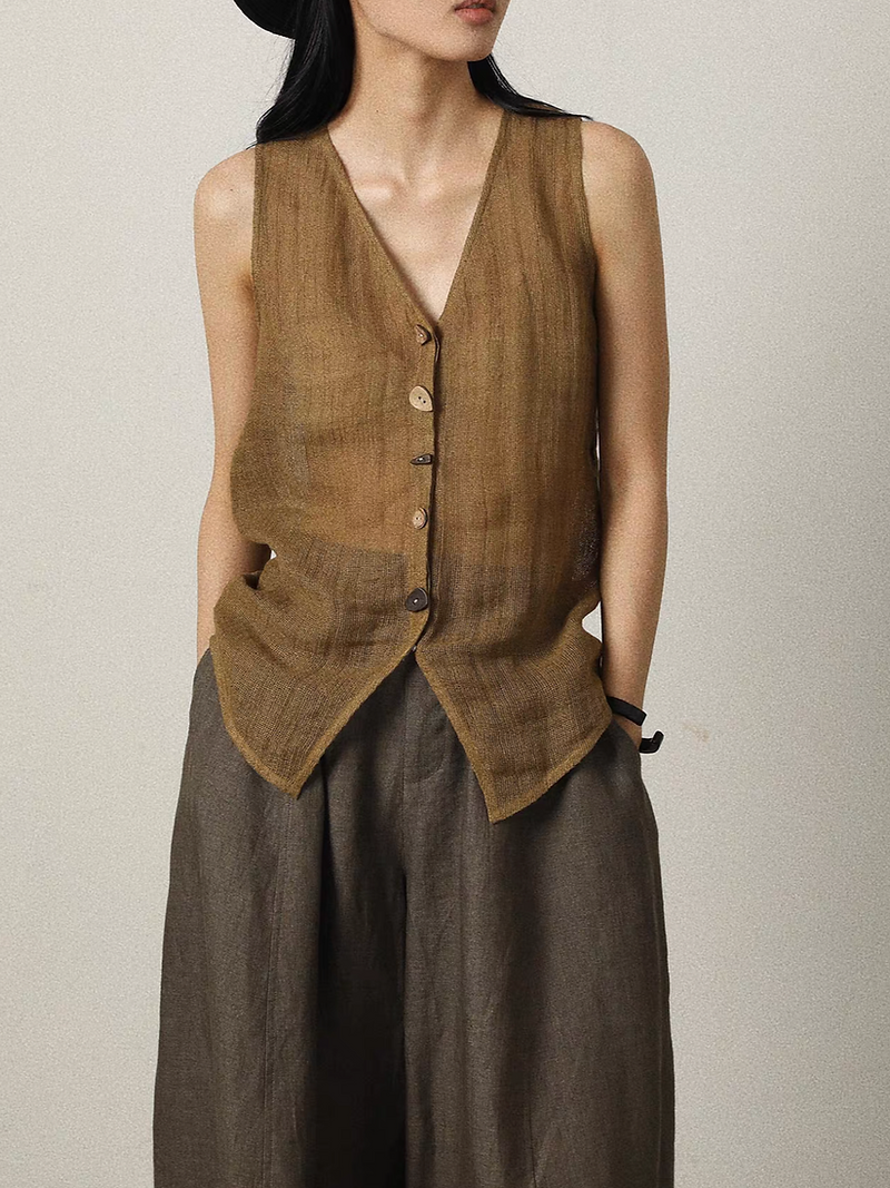 Various buttons V neck linen lyocell caramel khaki vest 1