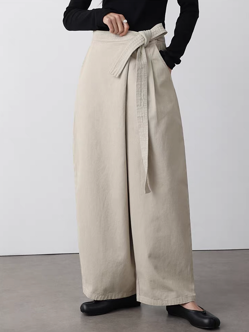 Side knot belted pleated cotton straight pants 4
