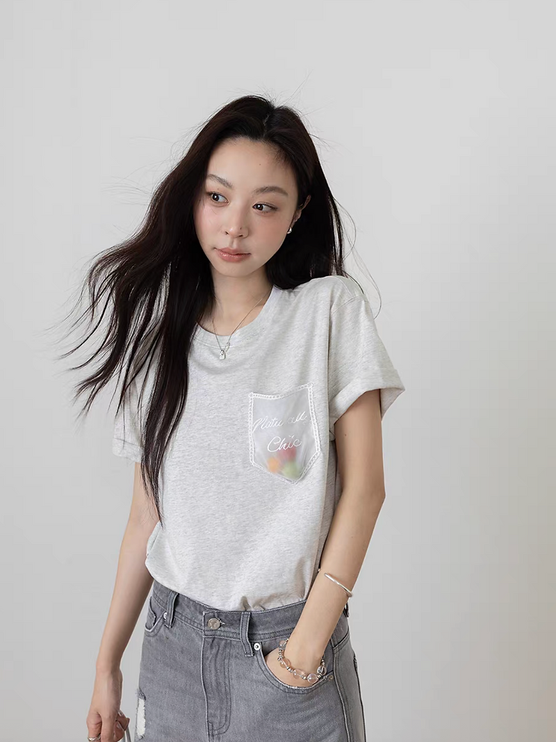 Embroidered sheer pocket cotton mid length tee 6