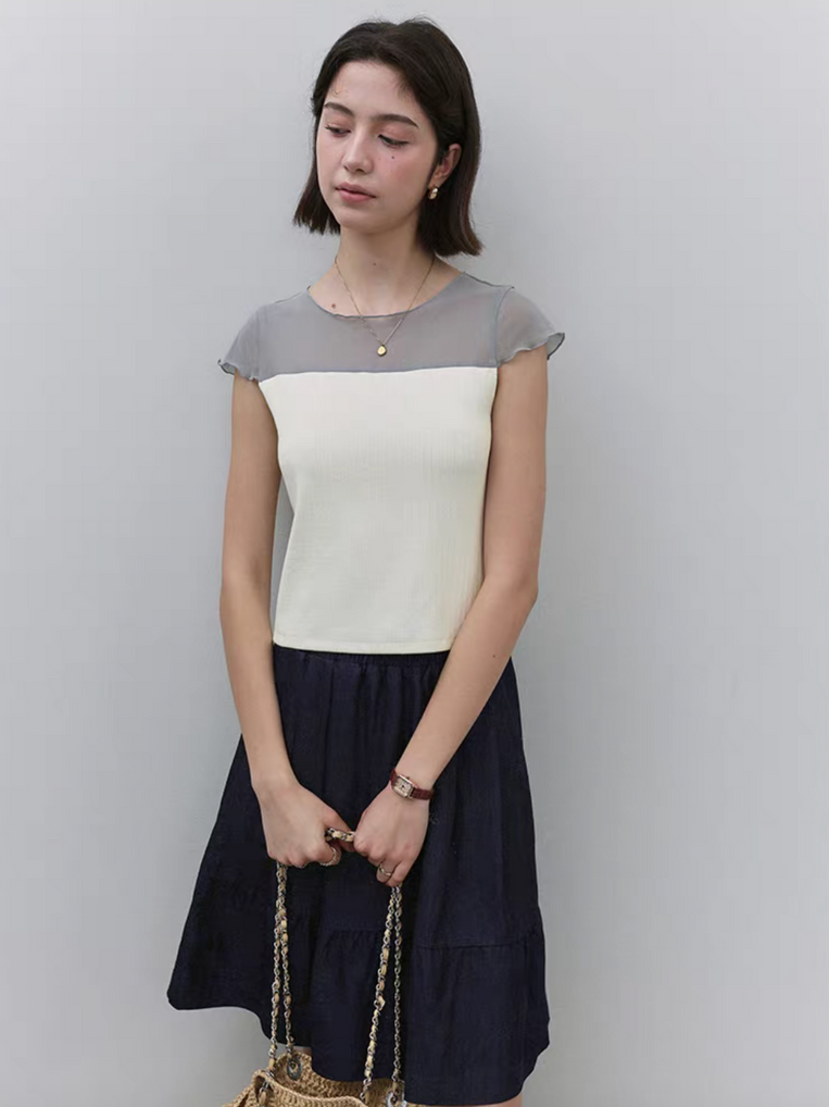 Bi color poly sheer ribbed cotton docking blouse 8