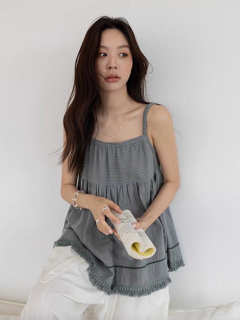 Elasticated straps tassels trim linen tencel flare checker camisole 3