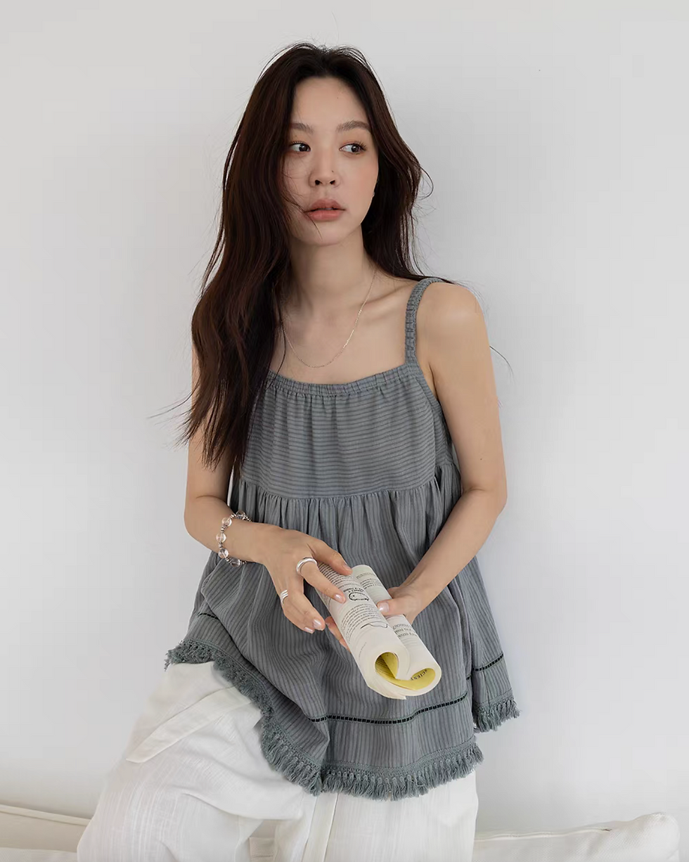 Thumbnail: Elasticated straps tassels trim linen tencel flare checker camisole