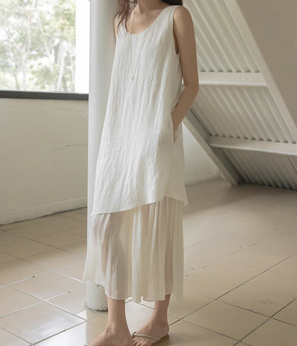Ivory tencel cotton satin layered asymmetric sleevesless dress