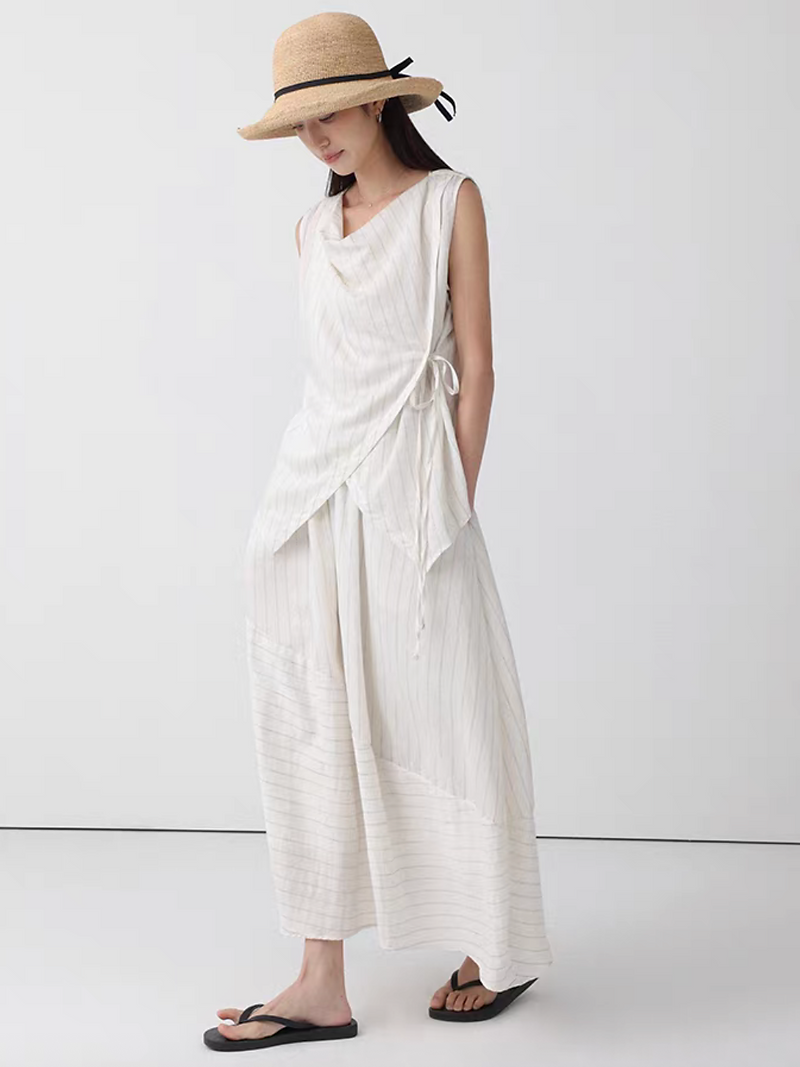 Cotton linen tencel overlapping V neck side knot vest 13