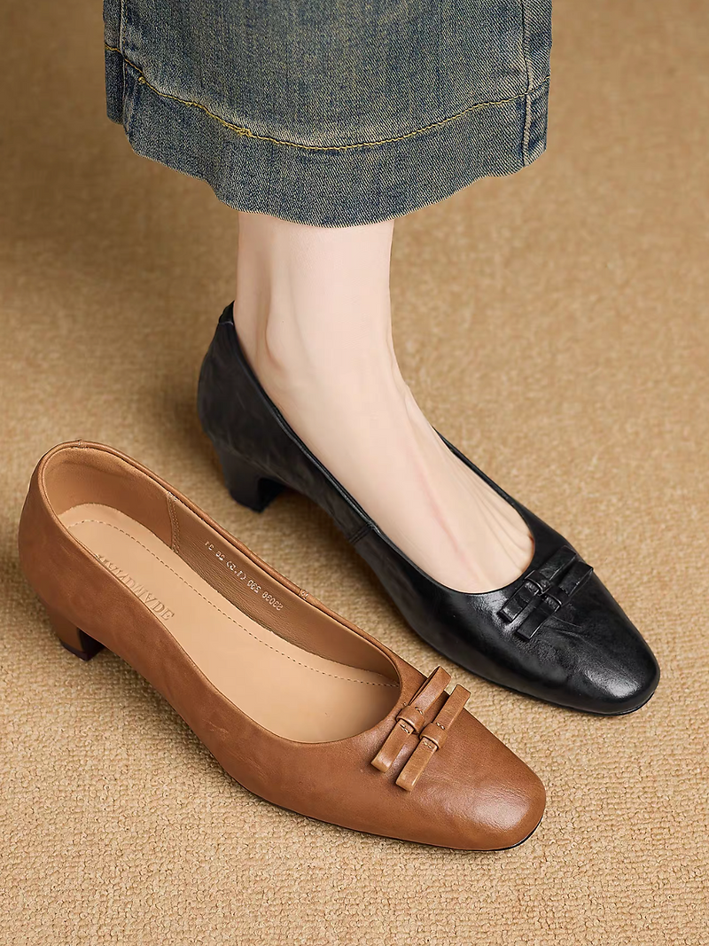 Brushed off calf leather double bows low heels 1