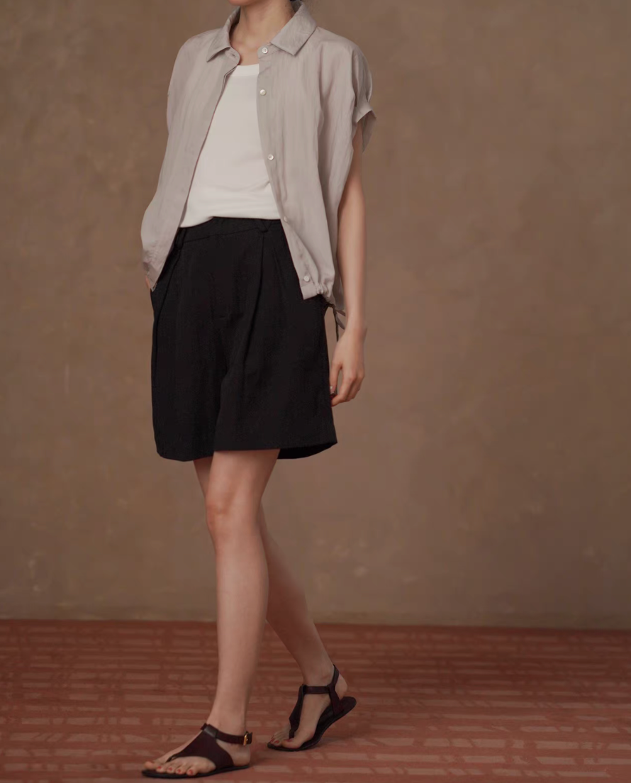 Thumbnail: Lyocell rayon sora beige elastic rim drawstring flutter sleeves shirt