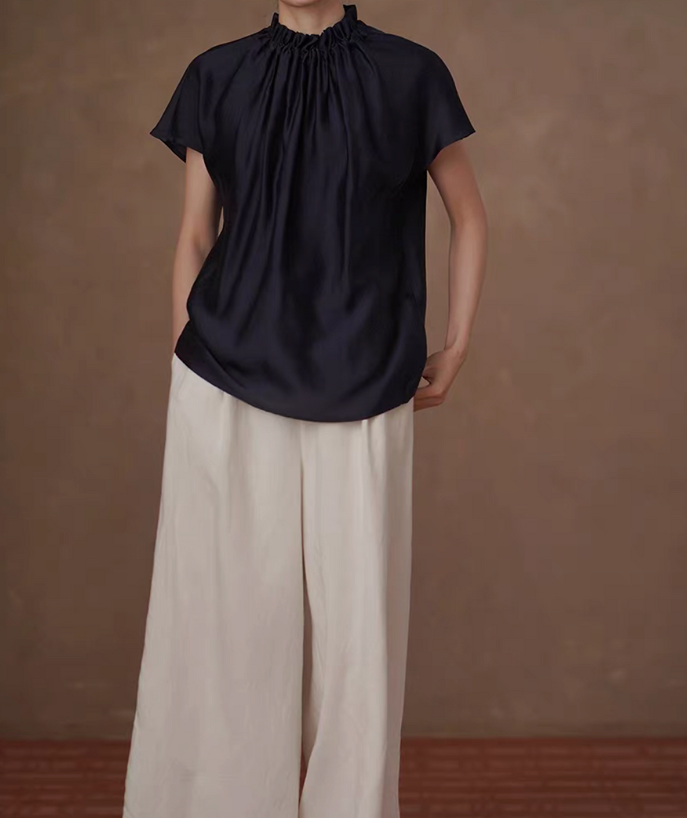 Thumbnail: Navy ruffle pleated sleeve flutter sleeved tencel poly embossed blouse