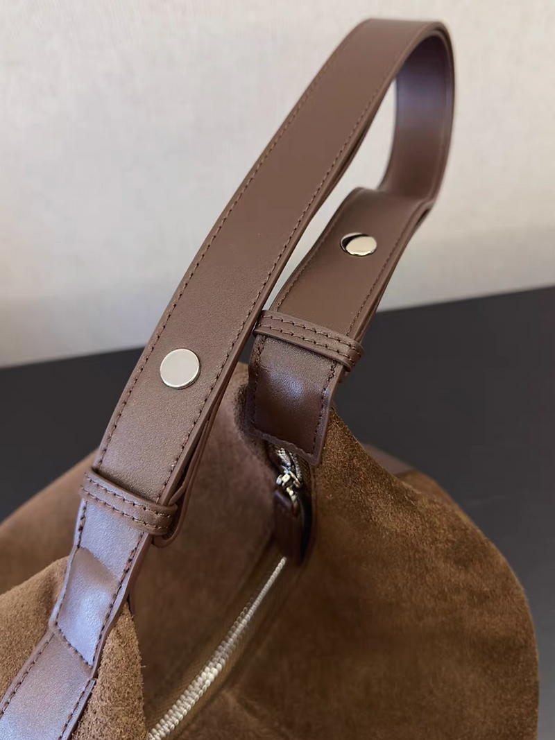 Brown calf leather suede adjustable drape shoulder + crossbody bag 15