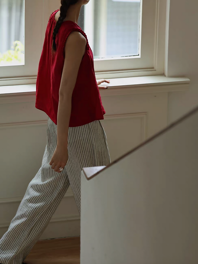 Cherry red pleats trim linen vest 7