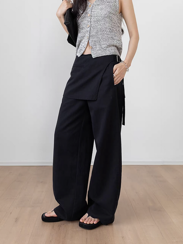 Side adjusted strap layer high waisted cotton straight pants