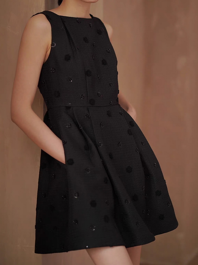 Embossed sequins black cotton poly tweed high waisted little black dress 6