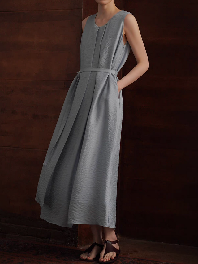 Greyish blue belted pleated tencel poly layered sleeveless dress 6