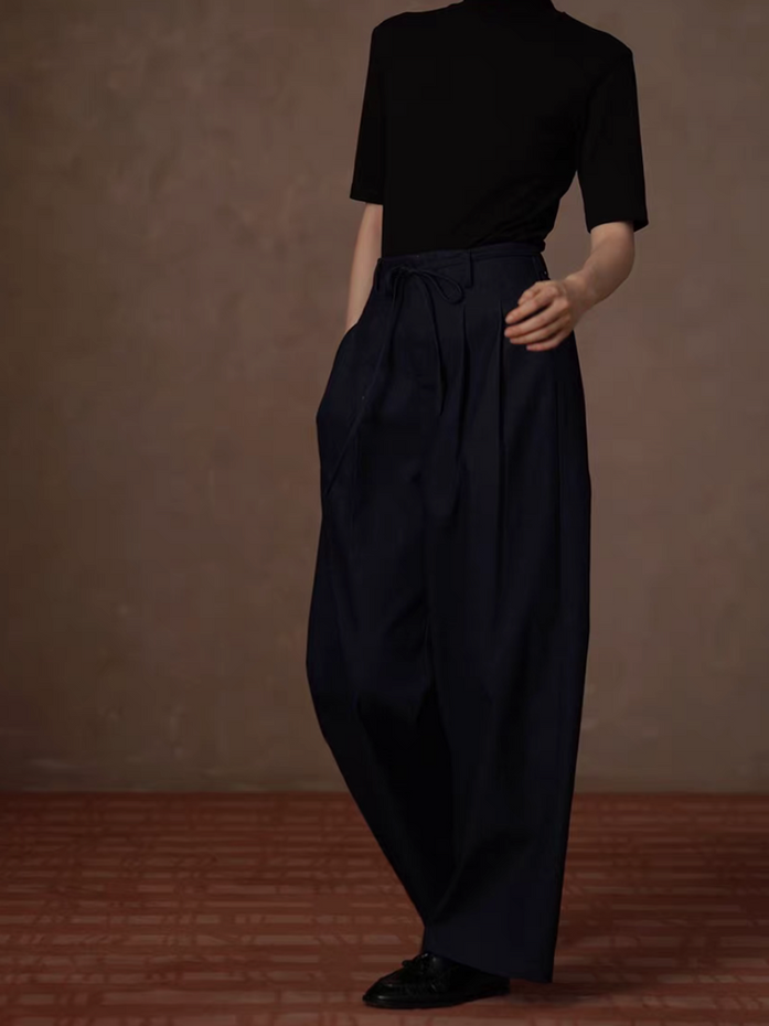Dark navy pleated belted indigo denim high waisted straight pants 4
