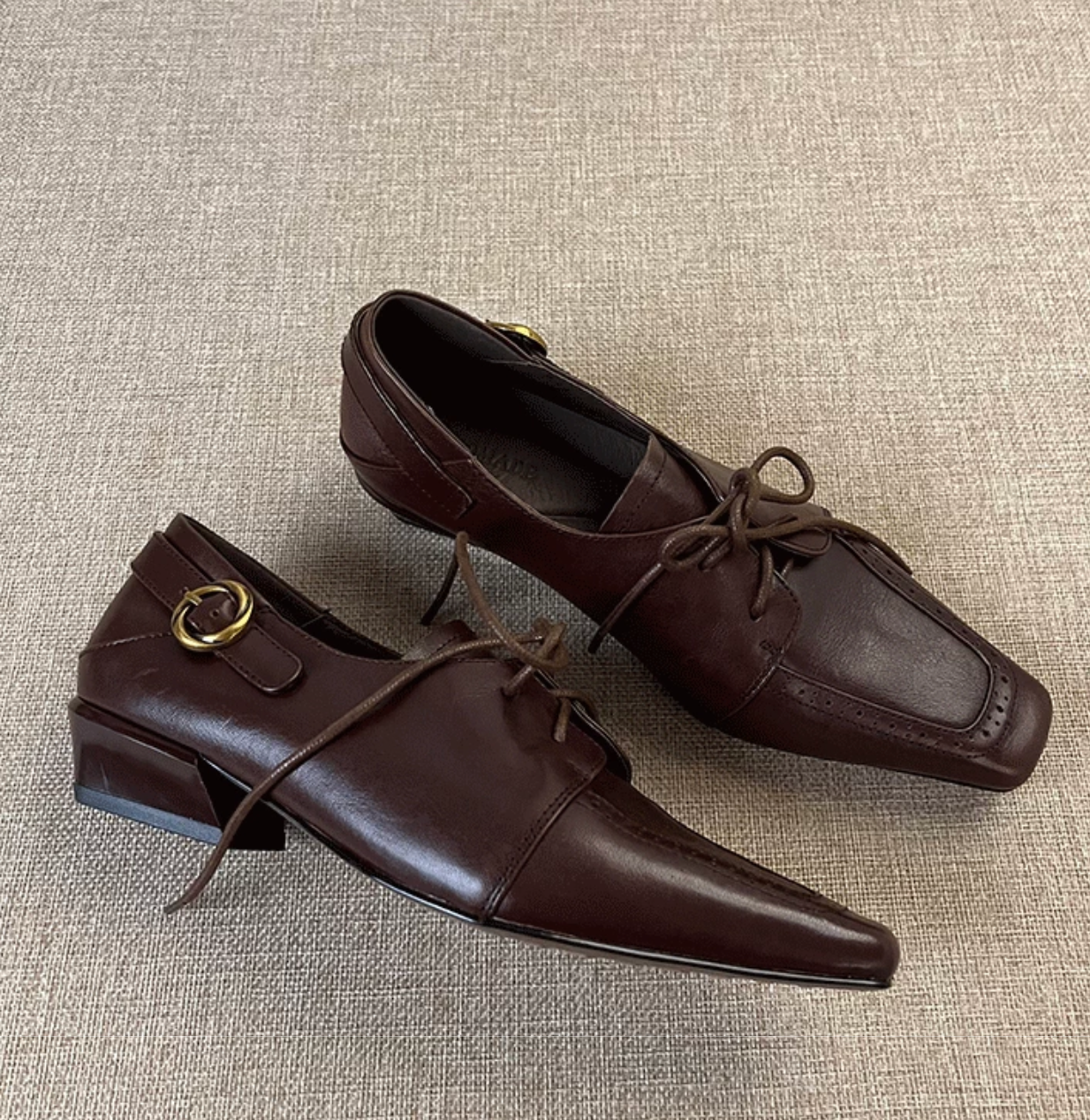 Side buckle strap brogue trim calf leather lacing low heel shoes