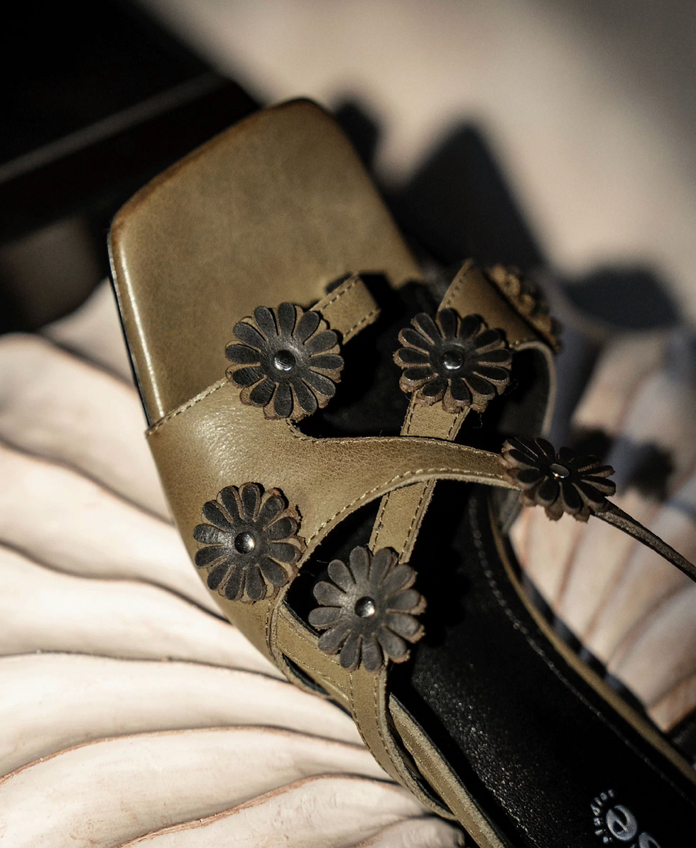 Thumbnail: Made in Italy Italian sheep skin crafted floral deco low heel sandals
