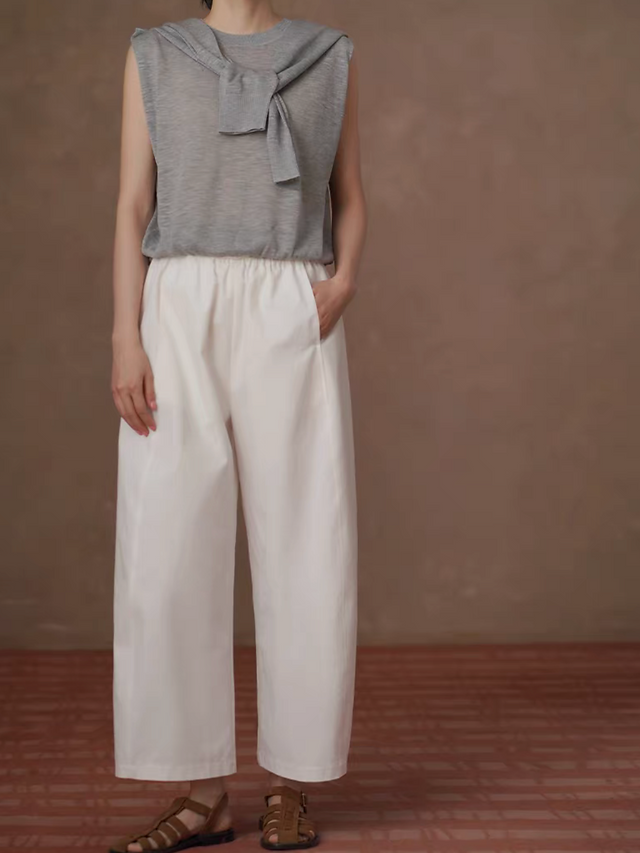 Pure cotton contour ivory white drawstring taper barrel pants 3