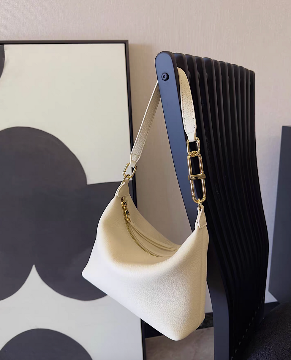 Thumbnail: Ivory toga embossed calf leather 3 way interloop handle + crossbody drape bag