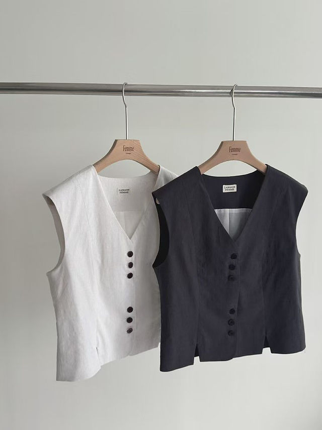 V neck triple buttoned front slits cotton poly vest  9