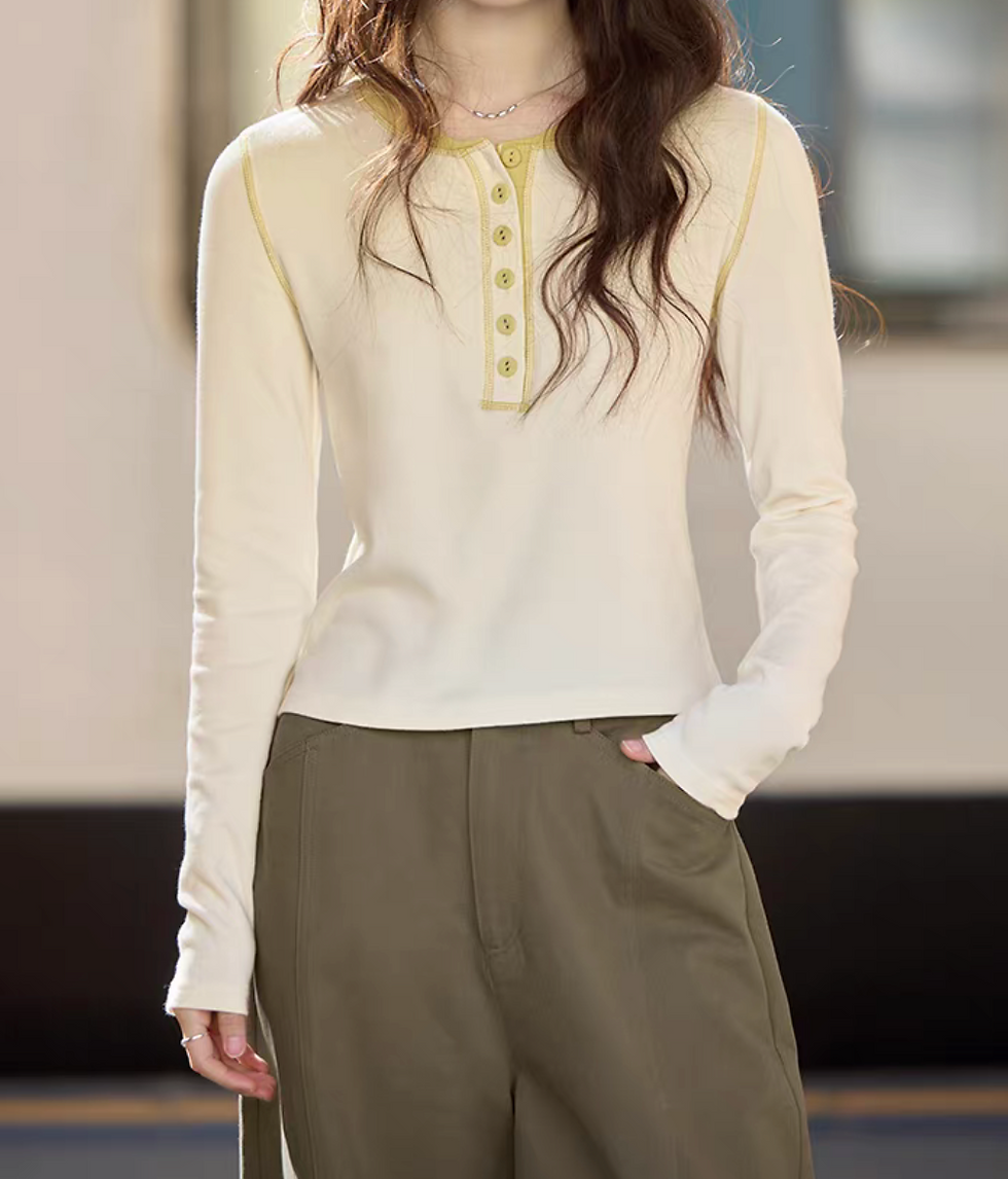 Thumbnail: Color blocking crewneck buttoned modal cotton tee