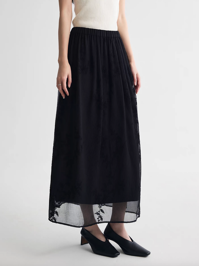 Black floral embroidered sheer layered lined elasticated skirt 1