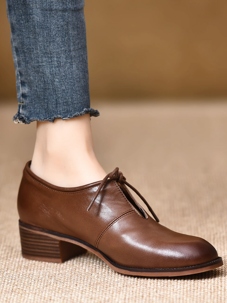 Brushed off calf leather crochet lacing wood heel shoes 8