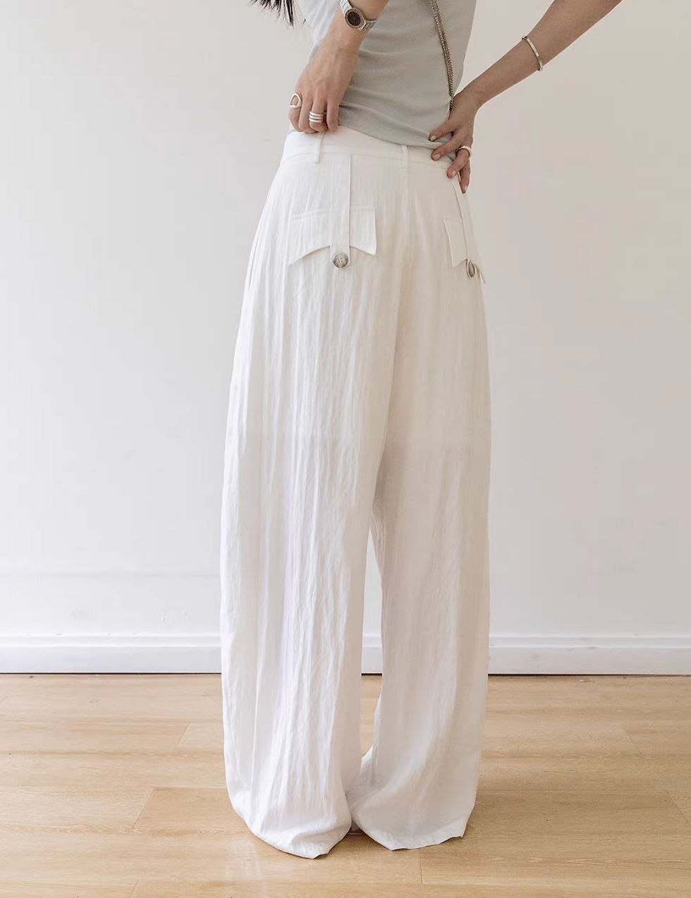 Thumbnail: Back buttoned strap tencel cotton rayon pleated straight pants
