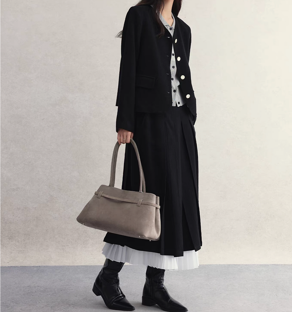 Thumbnail: Black tweed white buttoned crewneck contour short jacket