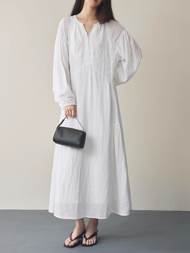 Lyocell linen embroidery floral white lined puff sleeves midi dress 12