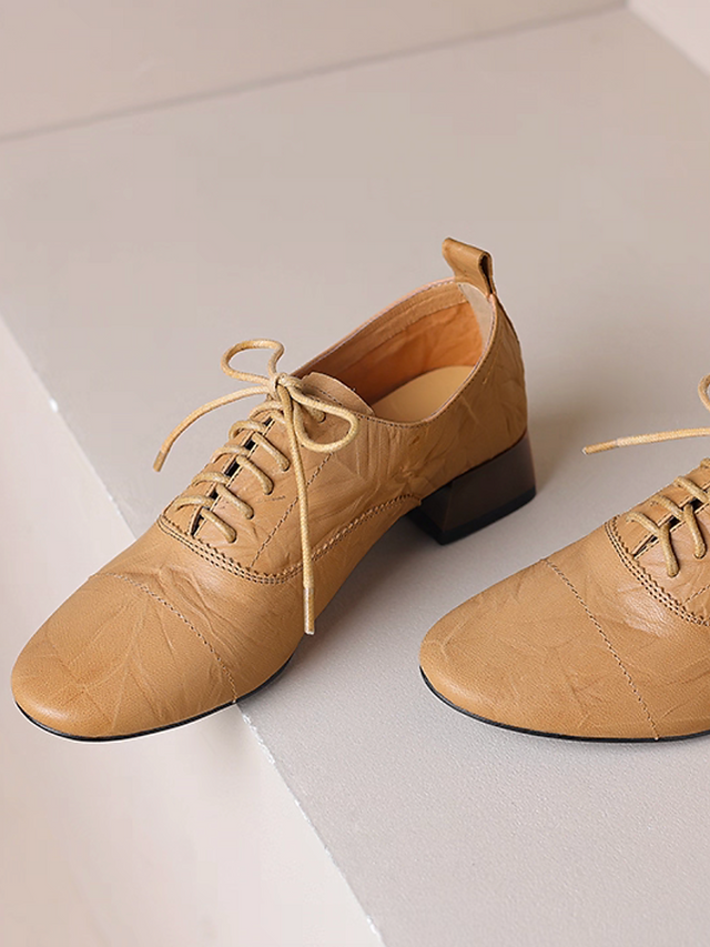 Ruffled calf leather wood heel lacing shoes 15