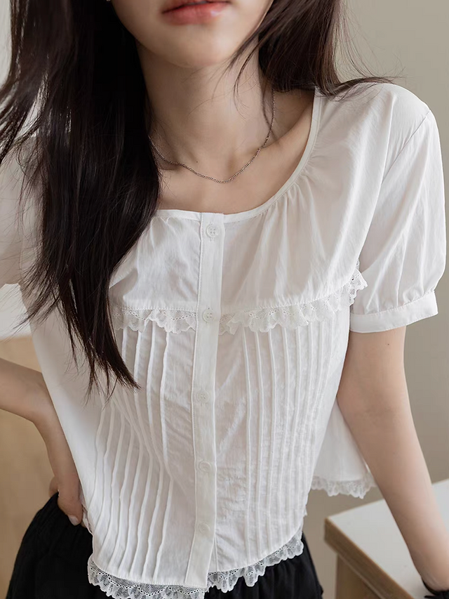 Laced trim floral white cotton tencel blouse 8