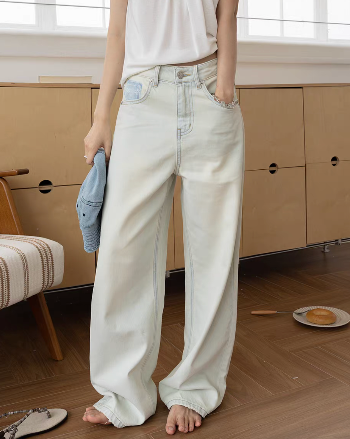 Light blue back embroidered acid washed denim straight leg high waisted jeans