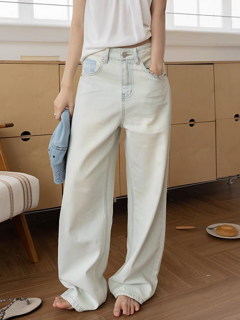 Light blue back embroidered acid washed denim straight leg high waisted jeans 1