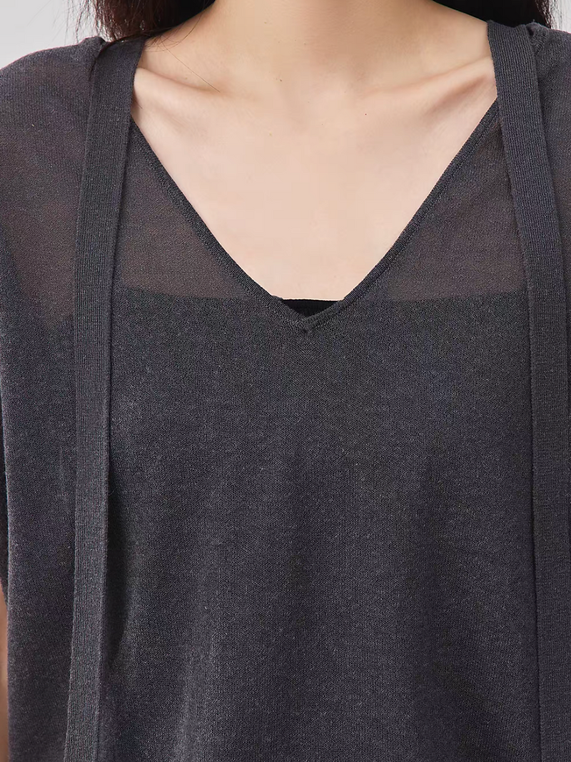 Charcoal V neck collaratte sheer arcylic cotton mid length one piece 7