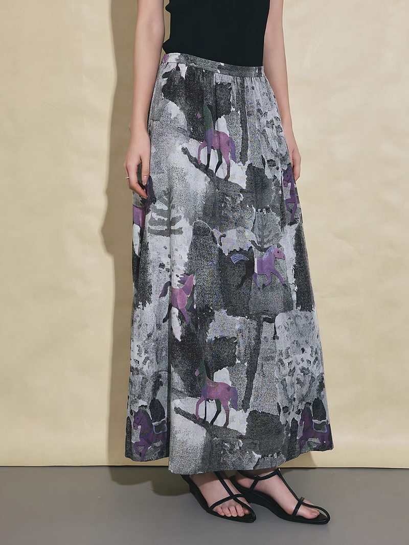 Pony print greyish purple print poly rayon back elasticated skirt 1