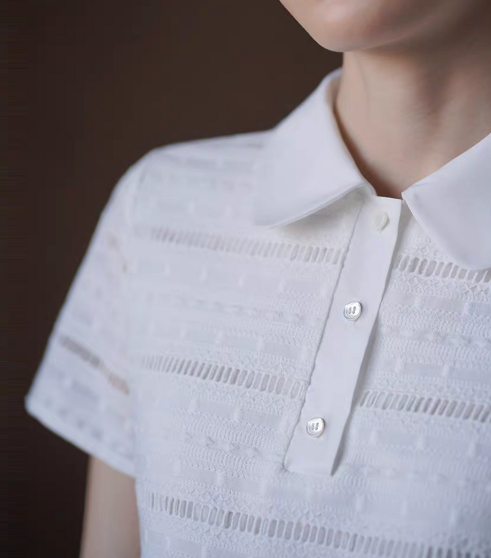Thumbnail: Ivory embroidered lace crochet cotton  elasticated polo slim cut polo midi dress