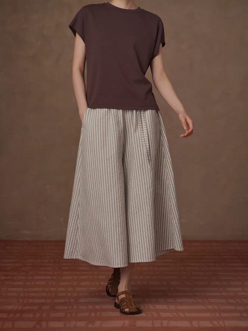 Elasticated drawstring embossed linen cotton flare pants 2