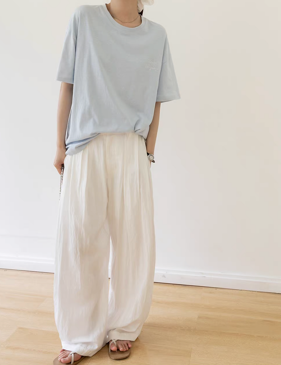 Thumbnail: Back buttoned strap tencel cotton rayon pleated straight pants