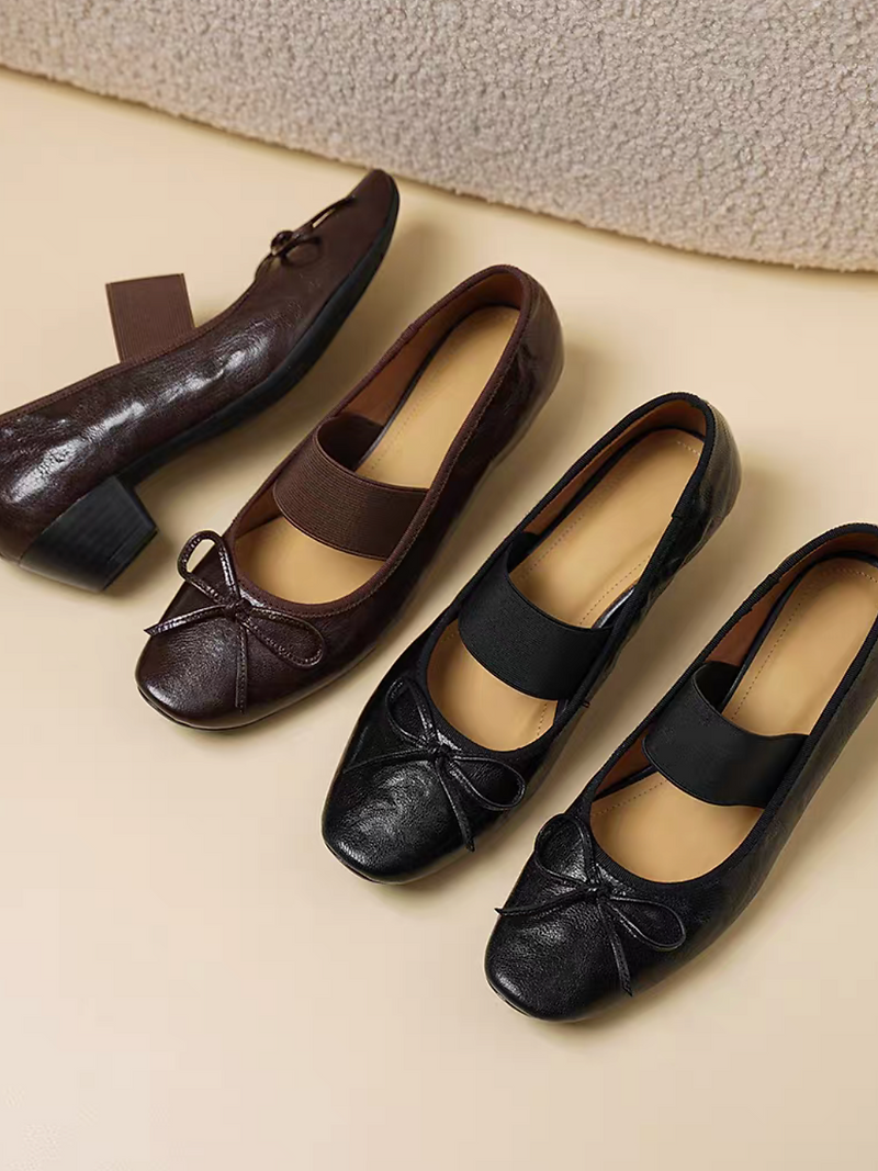 Embossed oil waxed lambskin ribbon elastic strap low heel Mary Janes 9