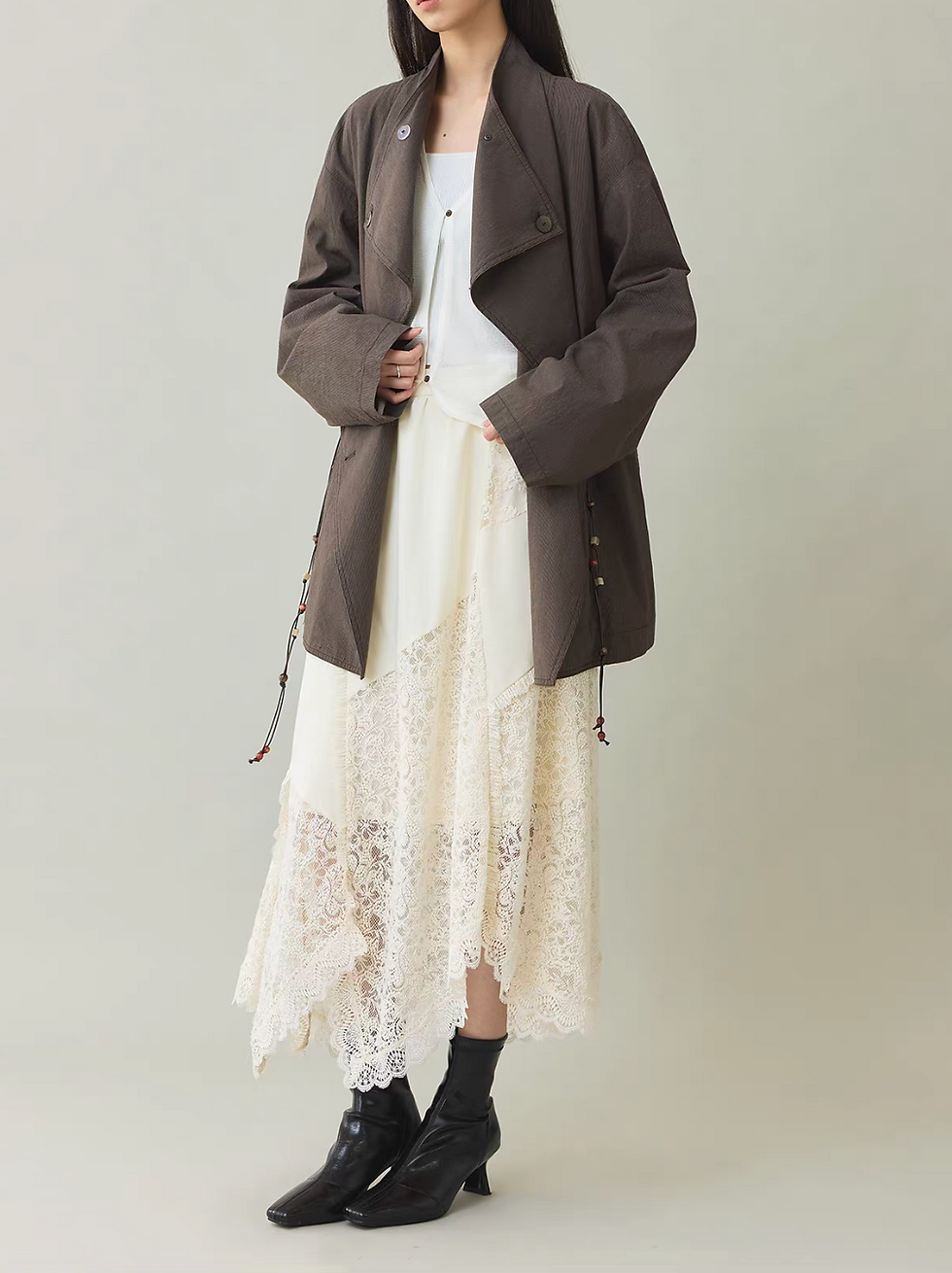 Thumbnail: Ivory back elasticated docking satin cotton laced crochet asymmetric skirt
