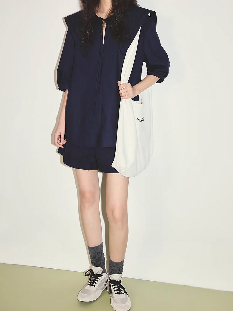 Dark navy embroidered trim denim cotton sailor collar blouse 4