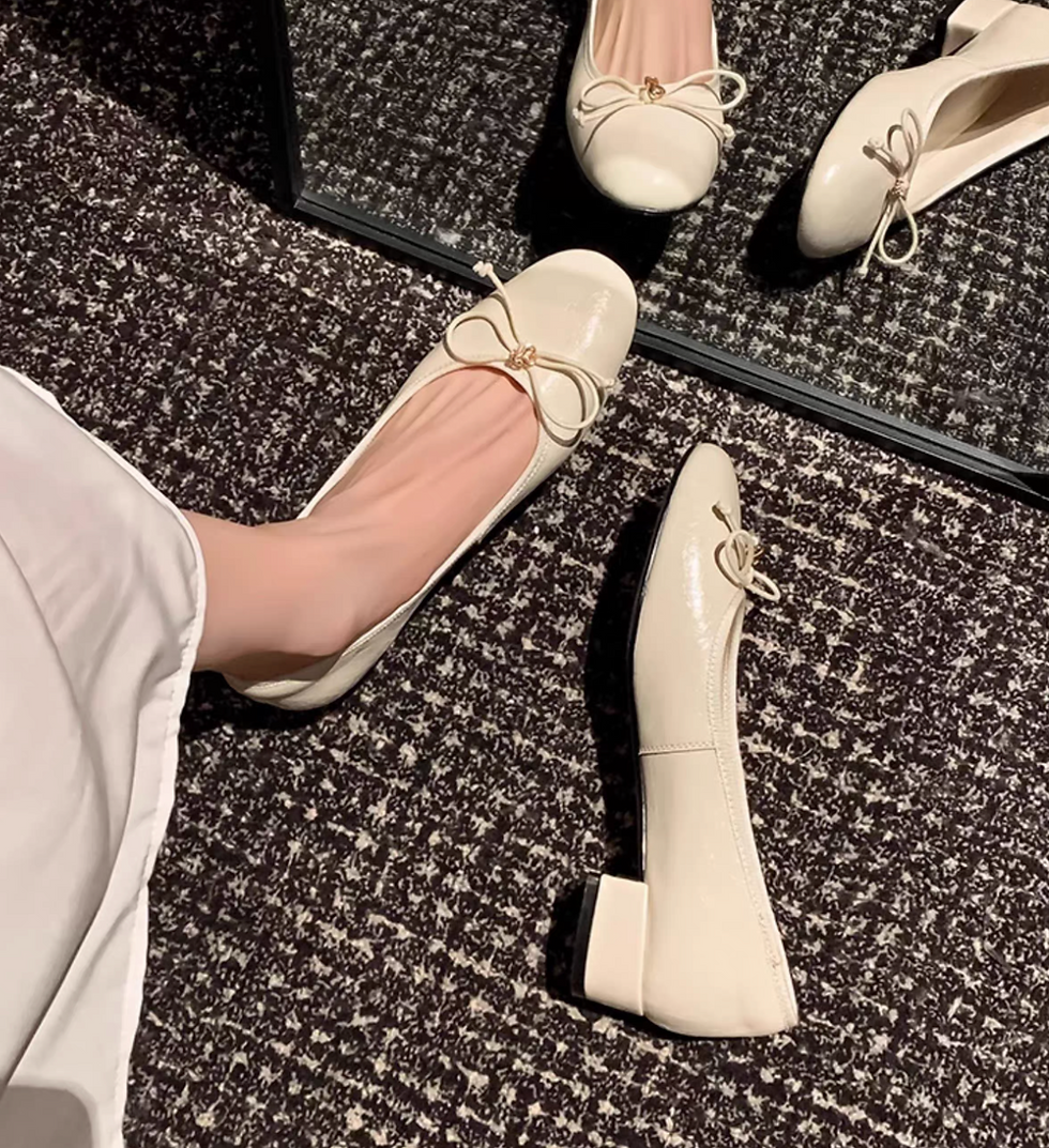 Thumbnail: Lambskin ribbon heart metal charm flats