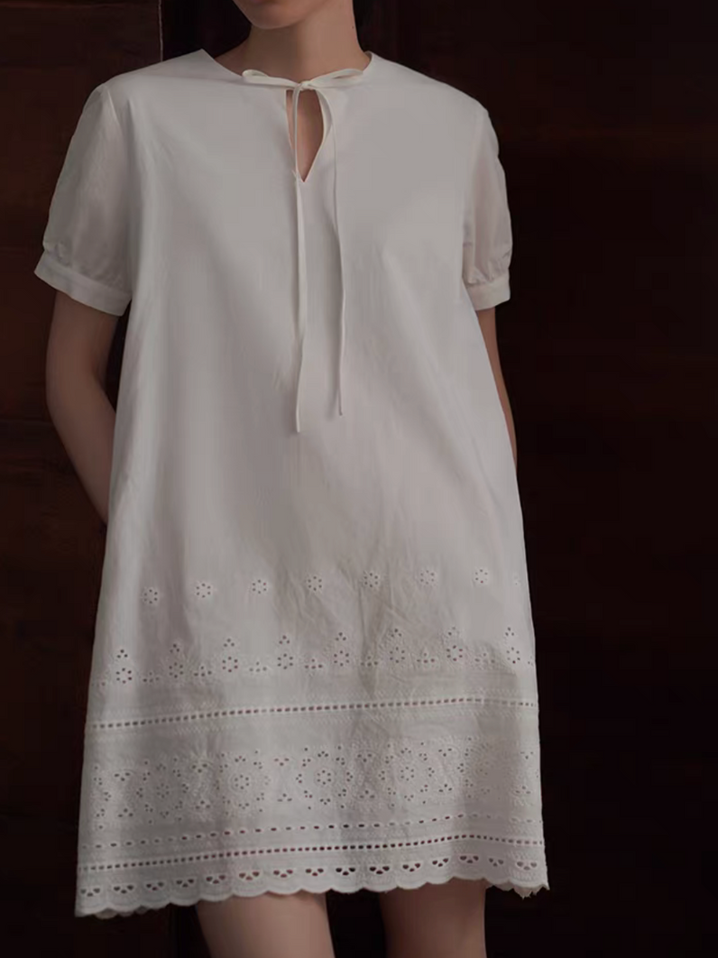 Cotton drawstring crochet patterned lace dress 6