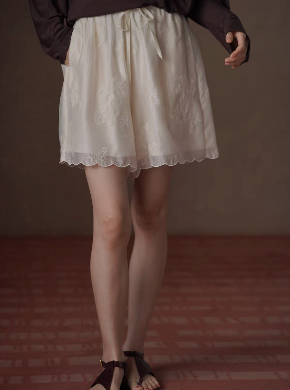 Thumbnail: Ivory beige laced trim layered tencel lyocell rayon drawstring shorts
